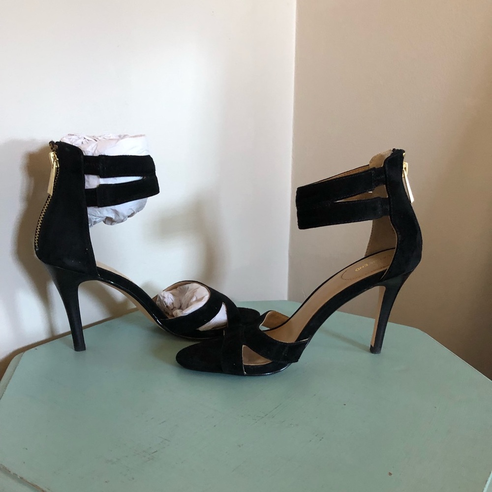 Lands End Black Suede Ankle Strap High Heels